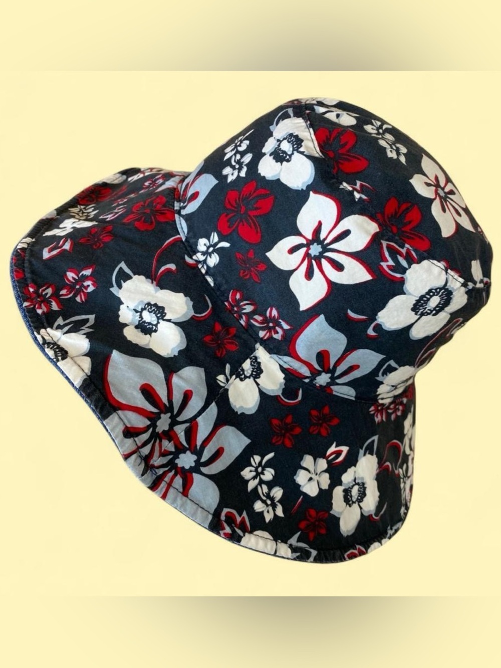 Vintage Reversible Denim Floral Wide Brim Sun Hat Tropical Navy Red Packable